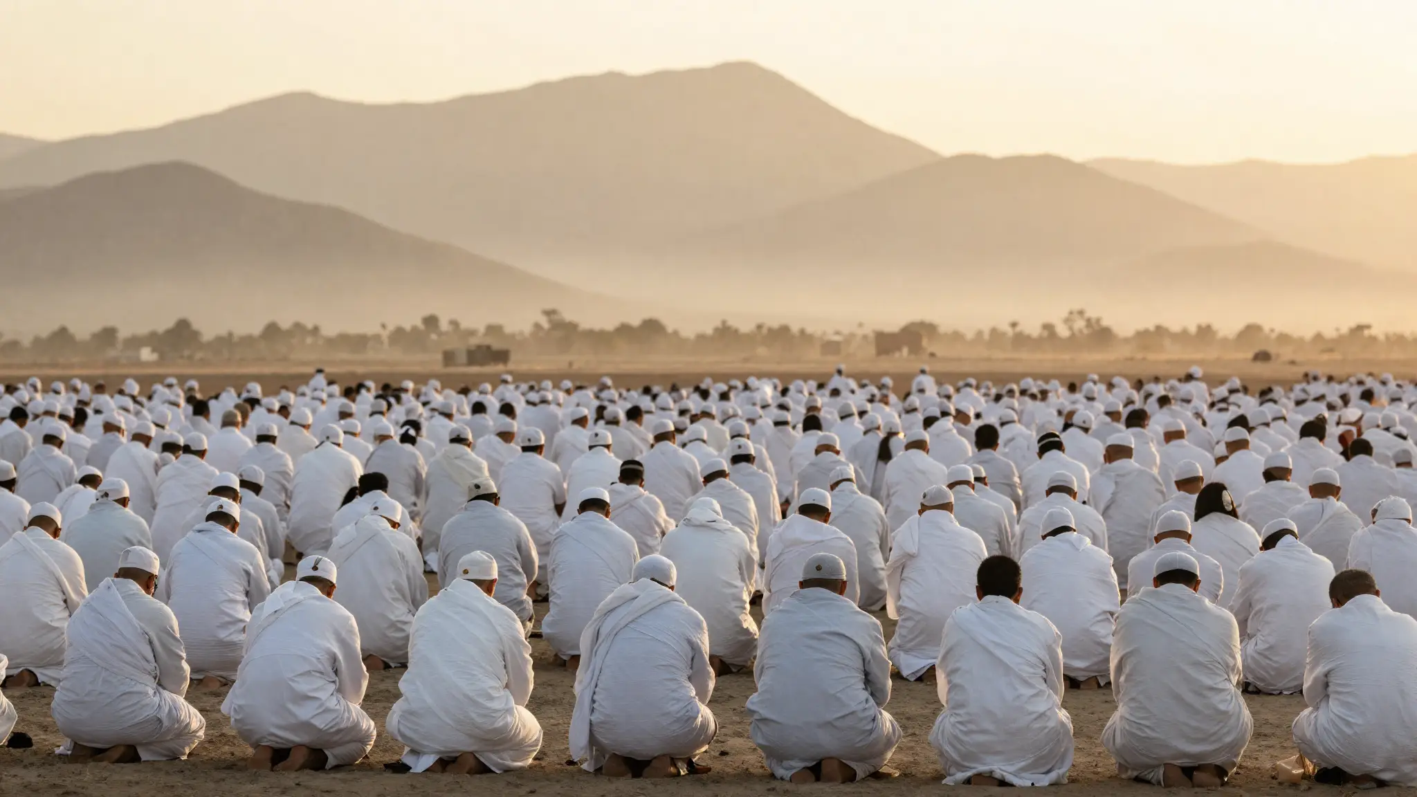 جموع الحجاج بملابس الإحرام البيضاء في صعيد المشاعر المقدسة أثناء أداء مناسك الحج قرب مكة المكرمة